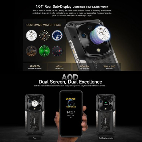  Téléphone robuste Ulefone Armor 28 Pro, 16 Go + 512 Go, vision nocturne, 10 600 mAh, écrans 6,67 pouces + 1,04 pouce, Android 15, MediaTek Dimensity 7300 Octa Core, réseau : 5G, NFC (noir) SU891B1607-025